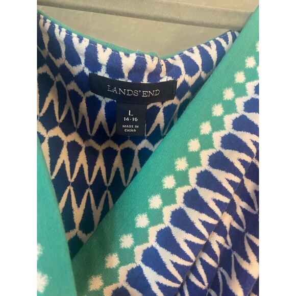 Lands' End Women’s L 14-16 Aqua Blue Geometric Surplice Fit Flare Dress Stretch - Picture 4 of 5